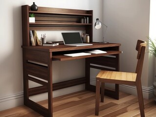 A wooden desk with a built-in shelf and drawer, perfect for a modern home office