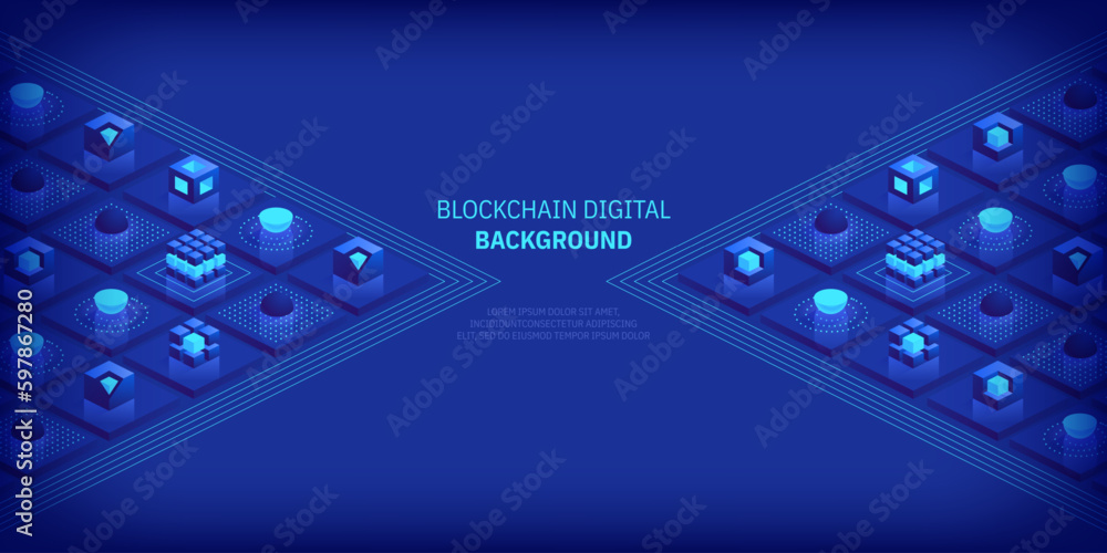 Poster blockchain concept. digital blocks connect with each other and shapes crypto chain. blocks or cubes,
