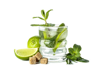 Glass of tasty mojito and ingredients isolated on white background