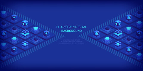 Blockchain concept. Digital blocks connect with each other and shapes crypto chain. Blocks or cubes, connection consists of digital data. Digital network technology. Isometric vector background