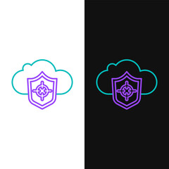 Line Cloud and shield icon isolated on white and black background. Cloud storage data protection. Security, safety, protection, privacy concept. Colorful outline concept. Vector