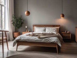 A wooden bed frame with a simple and elegant design, paired with crisp white bedding and minimalist decor