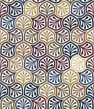 Vector Illustration With Curved Multicolored Geometric Shapes And Ornamental Floral Elements In Art Nouveau Style. Seamless Abstract Pattern. To Be Used As A Decorative Background Or Textile Texture.