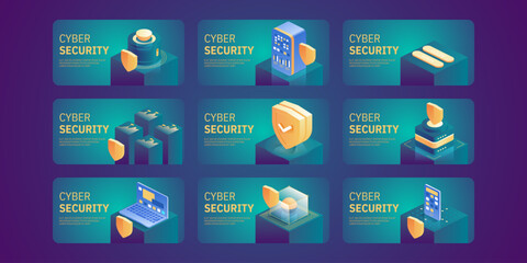 Cyber security concept. Antivirus, encryption, cloud data protection. Software development. Safety internet. Online information protect. Digital technology isometric vector background.