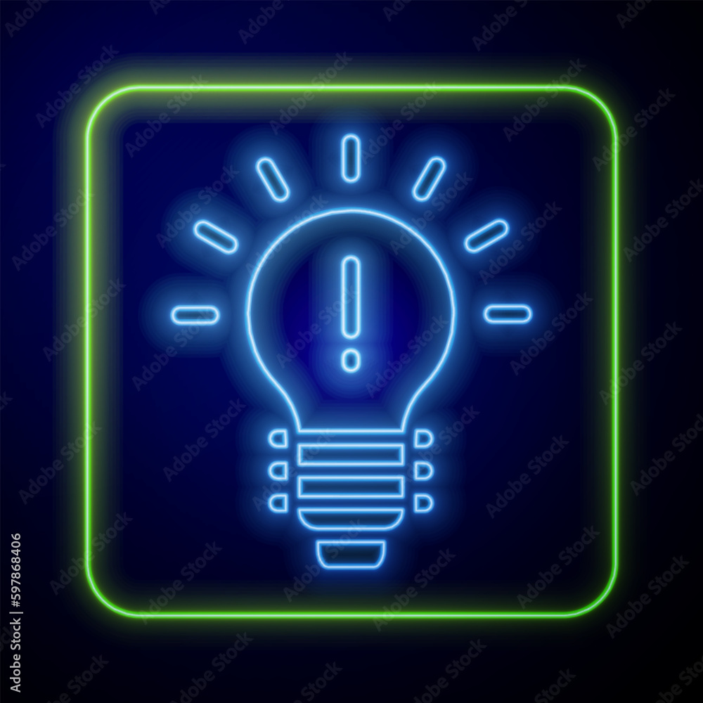 Poster glowing neon light bulb with concept of idea icon isolated on blue background. energy and idea symbo