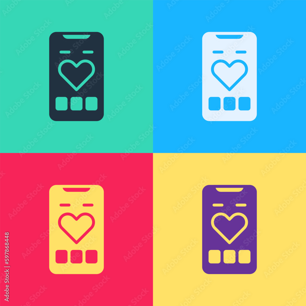 Poster pop art smartphone with heart rate monitor function icon isolated on color background. vector