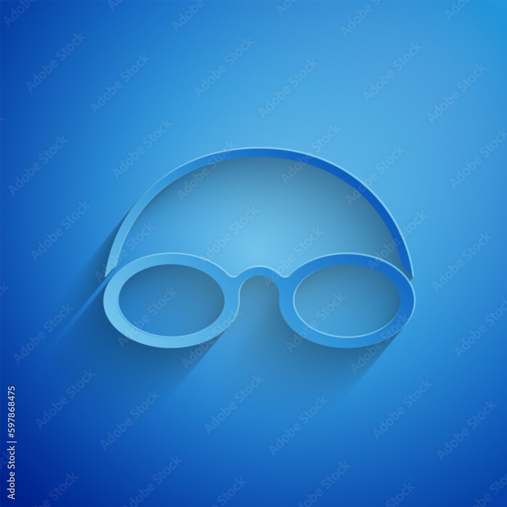 Sticker Paper cut Glasses and cap for swimming icon isolated on blue background. Swimming cap and goggles. Diving underwater equipment. Paper art style. Vector