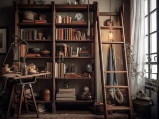 Fototapeta na wymiar A wooden bookshelf with a ladder, showcasing a collection of books and decorative objects