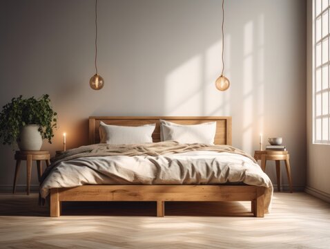 A wooden bed frame with a simple and elegant design, paired with crisp white bedding and minimalist decor