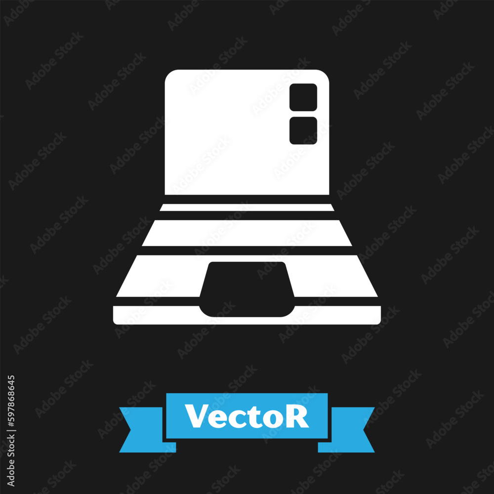 Poster white laptop icon isolated on black background. computer notebook with empty screen sign. vector