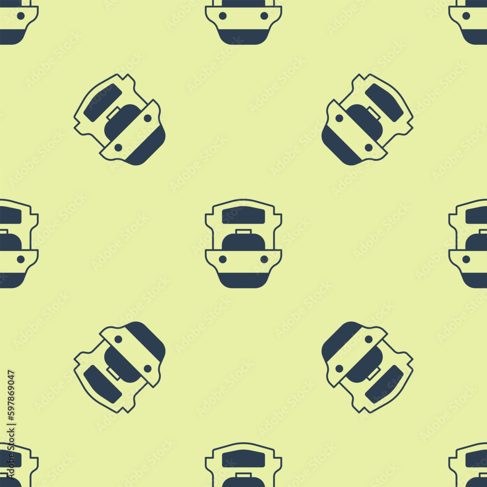 Sticker blue oil tanker ship icon isolated seamless pattern on yellow background. vector