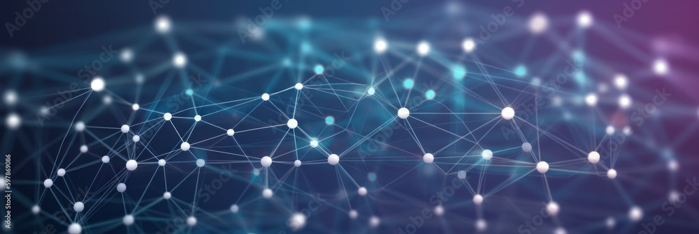 Poster abstract purple and blue digital data social network communication background. polygonal structure. 