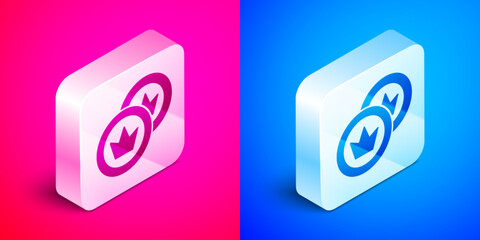 Isometric Pirate coin icon isolated on pink and blue background. Silver square button. Vector