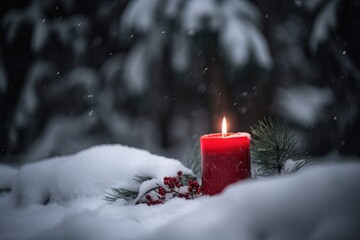 red candle in the snow with branches in the snow
