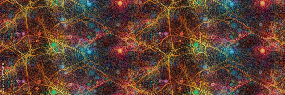 Poster neuron cells with multicolored glowing link knots in dark space. ai generative illustration.