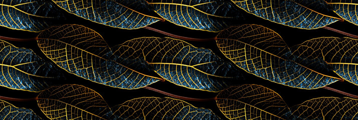 Macro texture of beautiful leaves in golden and blue tones. AI generative illustration.
