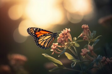 Fototapeta na wymiar Elegant monarch butterfly perched on a flower in a serene garden with a hazy sunrise in the background. Generative AI
