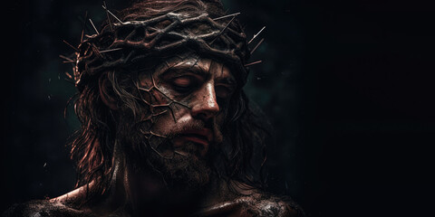 Jesus Christ wearing crown of thorns Passion and Resurection. jesus day holy,Easter card, Good Friday. Generative AI