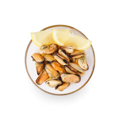 Marinated mussels with lemon slices in glass bowl on white background