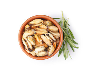 Marinated mussels in clay bowl with rosemary on white background