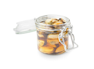 Marinated mussels in open jar on white background