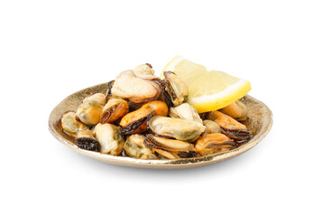 Marinated mussels with lemon slice on white background