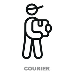 Courier icon. Deliveryman with parcel isolated courier holding cardboard box thin line icon.