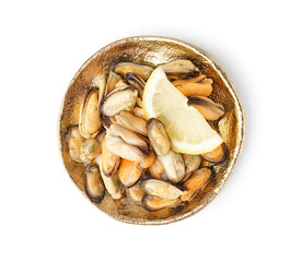 Marinated mussels with lemon slice on white background