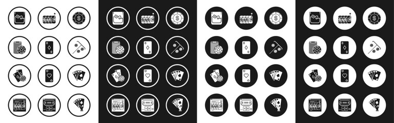 Set Casino chip with dollar symbol, Playing card diamonds, chips, Glass of whiskey and ice cubes, Stick for, Slot machine, cards and playing icon. Vector