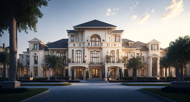 Photo of a luxurious white mansion surrounded by palm trees and greenery