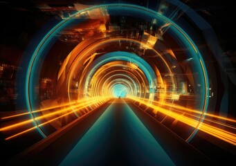 Futuristic city tunnel with lights and tunnel on futuristic city at night, in the style of light orange and turquoise. Generative AI