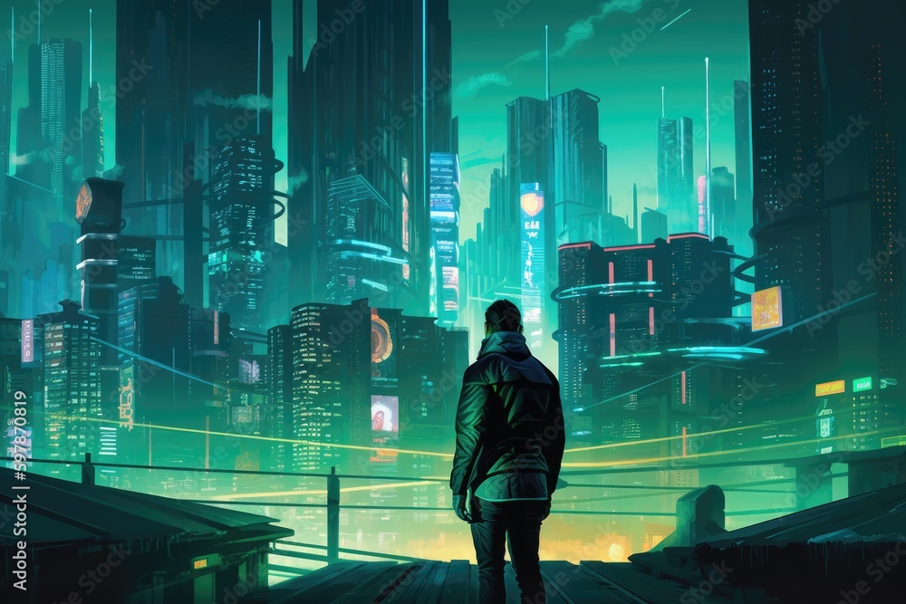 Sticker Futuristic cityscape at night, with a neon green and blue color scheme and a person wearing a cyberpunk jacket. Generative AI