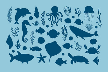 Cute sea life elements silhouette set. Cartoon vector illustration. - obrazy, fototapety, plakaty