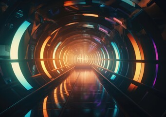 Futuristic city train station tunnel with lights, in the style of captivating skylines. Generative AI