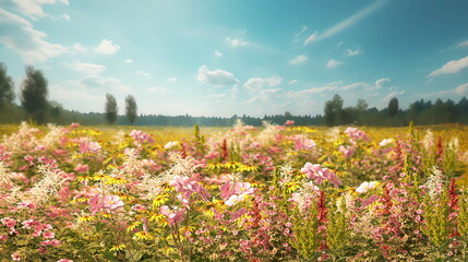    wild flowers on field on horizon Mountains and trees , blue sky with white clouds floral nature landscape,generated ai
