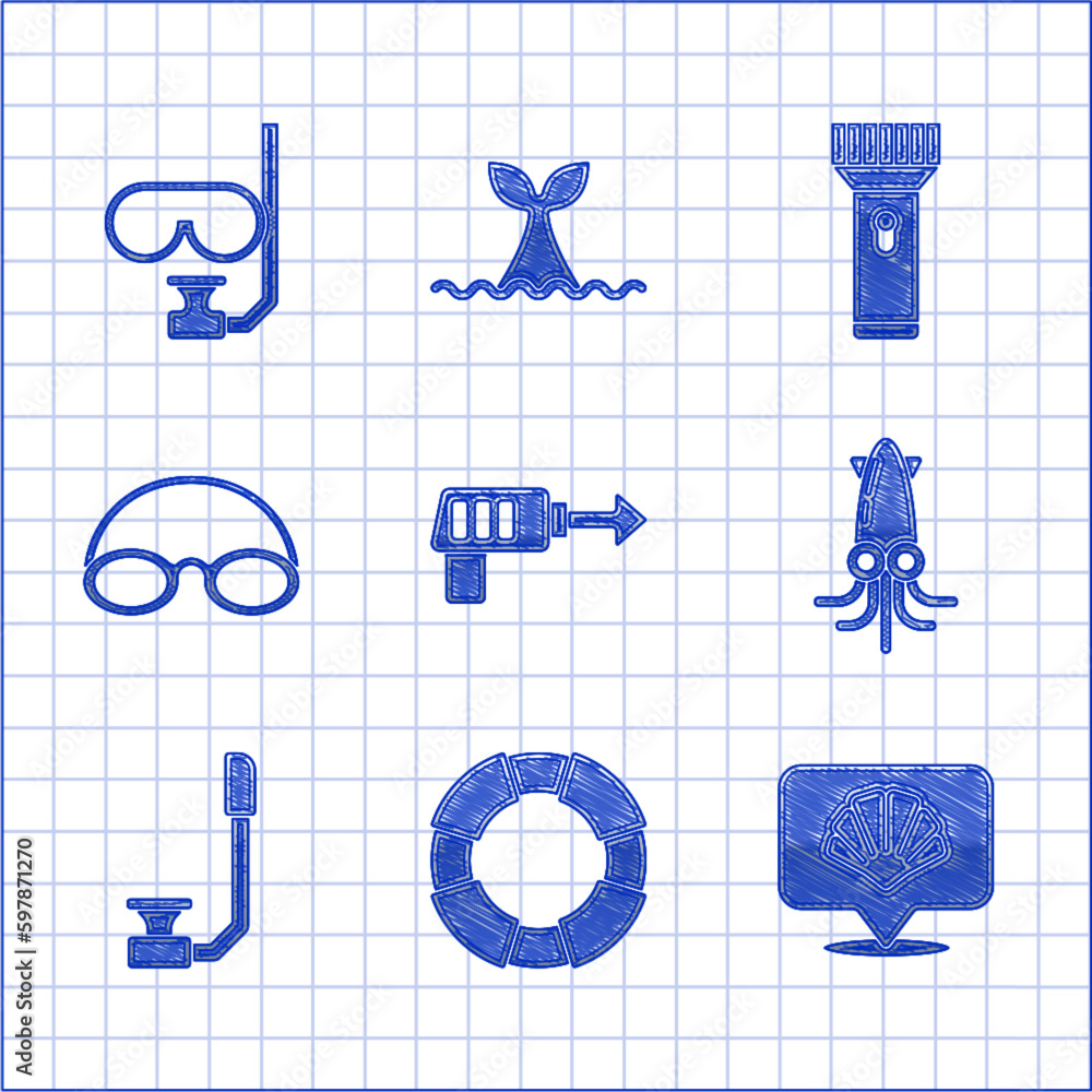 Canvas Prints Set Fishing harpoon, Lifebuoy, Scallop sea shell, Octopus, Snorkel, Glasses and cap, Flashlight and Diving mask snorkel icon. Vector