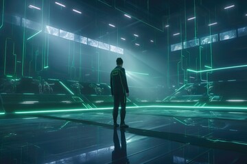 Futuristic sports arena with holographic technology, with a green and blue color scheme and a person wearing a sports uniform. Generative AI
