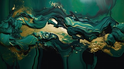 Exquisite and sophisticated background with striking golden and deep emerald liquid marble texture. Generative AI. 