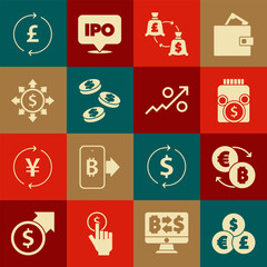 Set Currency exchange, Cryptocurrency, Glass money jar with coin, Coin dollar, Dollar, share, network, pound and Percent up arrow icon. Vector