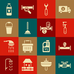 Set Industry metallic pipe, and manometer, Pipe adjustable wrench, Wrench spanner, Rubber plunger, Bucket, Bottle for cleaning agent and icon. Vector