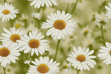 Fototapeta premium Seamless pattern, cute funny daisies, white daisies, camomile, chamomile herb. Generative AI