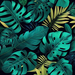 Leaf monstera and palm  pattern on a dark background at green and gold colors generated AI. Illustration for design,  postcard or print