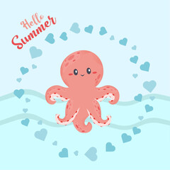 cute summer poster with cute octopus, hello summer, summer vibes