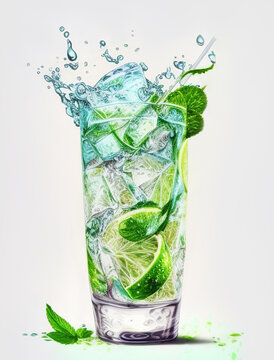 Mojito drink with splashes, fresh lemon, mint and ice. Generative AI. Refreshing citrus lemonade cocktail on a light background. Summer cold drinks concept.