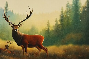 Beautiful royal deer looking forward. Misty woodland. Generative AI