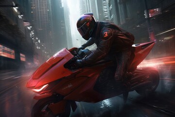 High-speed chase through a futuristic city, with a red and black color scheme and a person wearing a motorcycle helmet. Generative AI
