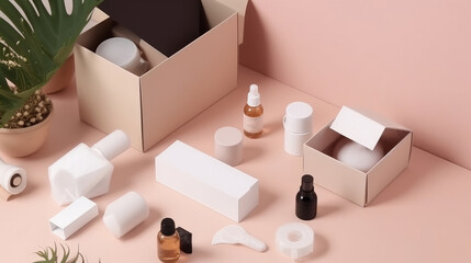 Cosmetics box with set of bottles. Illustration AI Generative.