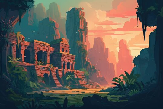 Mysterious ancient ruins of a lost civilization, with crumbling stone walls and intricate carvings. Illustration flat. Generative AI