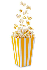 Popcorn flying out of yellow white striped paper box isolated on white, transparent background,...
