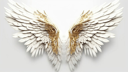 3D Rendered Fantasy Angel Wings on White Background - 3D Illustration, Generative Ai - obrazy, fototapety, plakaty